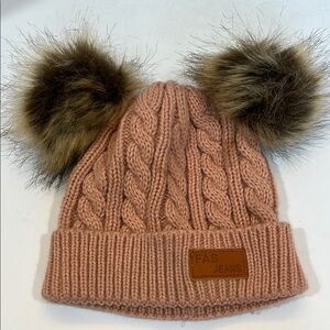 FAS jeans Pink and Brown Knit Pom-Pom Hat USED small girl infant toddler